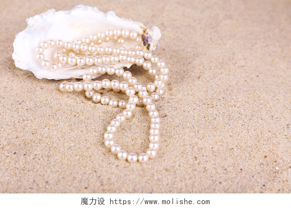 沙滩上美丽的珍珠项链和贝壳美丽的珍珠壳的沙子，关闭